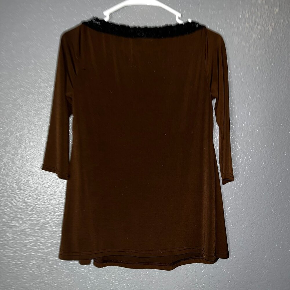 Anticipation Brown Velvet Top Lace Trim 3/4 Sleeve Stretch Shirt Women’s S